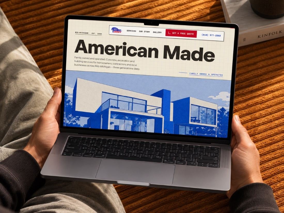 Patriot Concrete concept website on a laptop