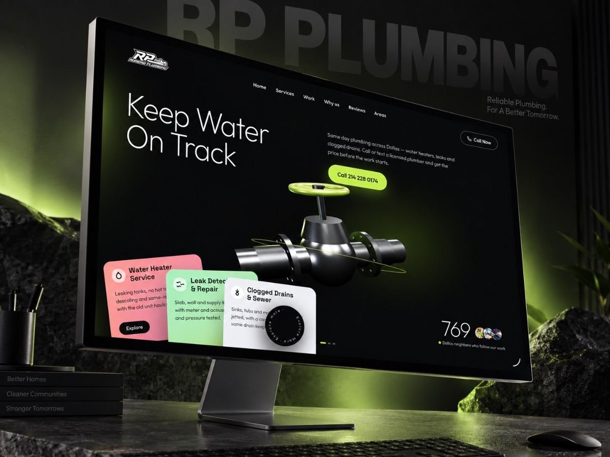 RP Plumbing concept website on a desktop monitor
